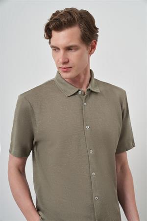 Morven Erkek Haki Trend Apaçi Yaka Kısa Kollu Gömlek
