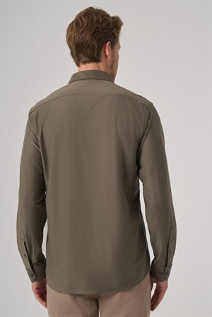 Morven Erkek Haki Trend Düz Slim Fit Tam İtalyan Yaka Relaxible Gömlek