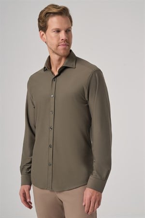 Morven Erkek Haki Trend Düz Slim Fit Tam İtalyan Yaka Relaxible Gömlek