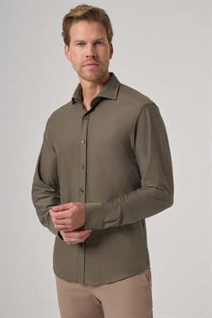 Morven Erkek Haki Trend Düz Slim Fit Tam İtalyan Yaka Relaxible Gömlek