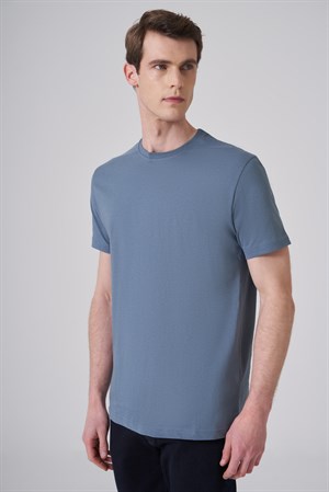 Morven Erkek İndigo Basic Bisiklet Yaka Dynamic Fit Pamuk T-Shirt