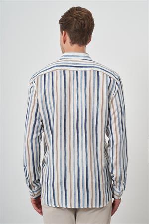 Morven Erkek İndigo Keten Çizgili Desen Düğmeli Yaka Slim Fit Gömlek