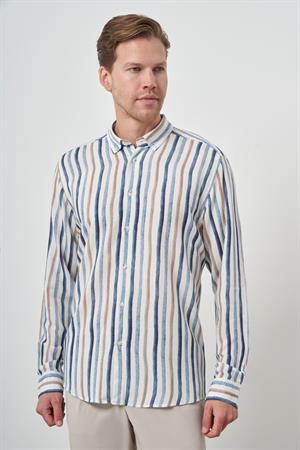 Morven Erkek İndigo Keten Çizgili Desen Düğmeli Yaka Slim Fit Gömlek