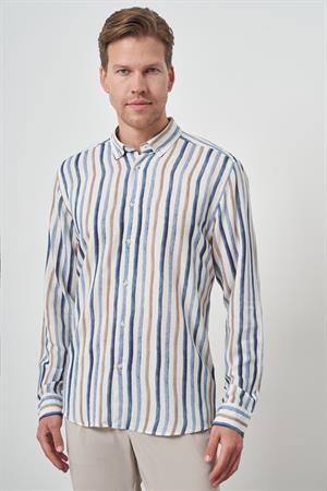 Morven Erkek İndigo Keten Çizgili Desen Düğmeli Yaka Slim Fit Gömlek
