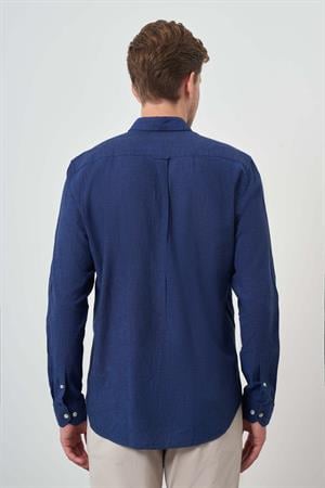 Morven Erkek İndigo Keten Trend Dynamic Fit Düğmeli Yaka Gömlek