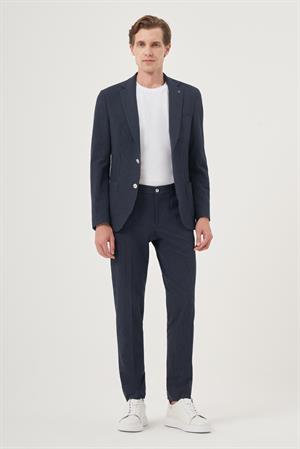 Morven Erkek İndigo Poliviskon Trend Çizgili Slim Fit Mono Yaka Takım Elbise