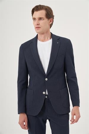 Morven Erkek İndigo Poliviskon Trend Çizgili Slim Fit Mono Yaka Takım Elbise