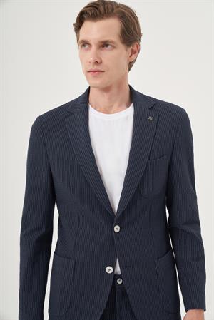 Morven Erkek İndigo Poliviskon Trend Çizgili Slim Fit Mono Yaka Takım Elbise