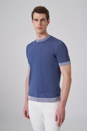 Morven Erkek İndigo Trend Bisiklet Yaka Triko T-Shirt