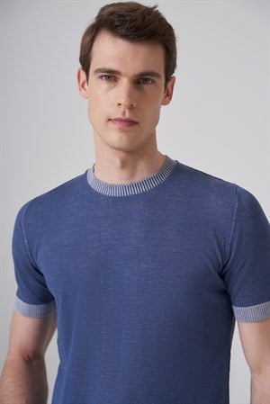 Morven Erkek İndigo Trend Bisiklet Yaka Triko T-Shirt