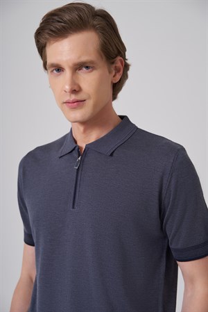 Morven Erkek İndigo Trend Fermuarlı Polo Yaka Triko T-Shirt