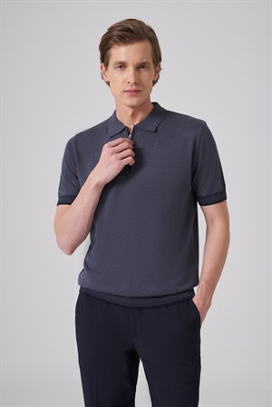 Morven Erkek İndigo Trend Fermuarlı Polo Yaka Triko T-Shirt