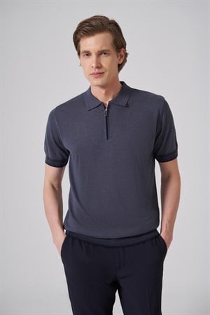 Morven Erkek İndigo Trend Fermuarlı Polo Yaka Triko T-Shirt
