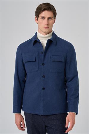 Morven Erkek İndigo Yünlü Berberi Yaka Çift Kapak Cepli Gömlek Ceket