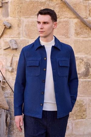 Morven Erkek İndigo Yünlü Berberi Yaka Çift Kapak Cepli Gömlek Ceket