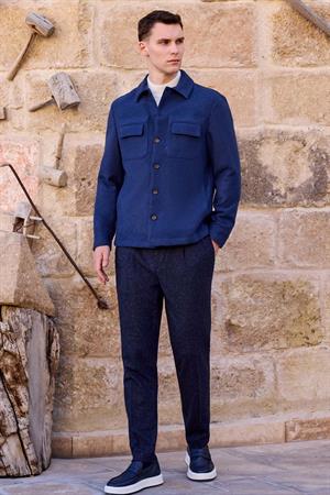 Morven Erkek İndigo Yünlü Berberi Yaka Çift Kapak Cepli Gömlek Ceket