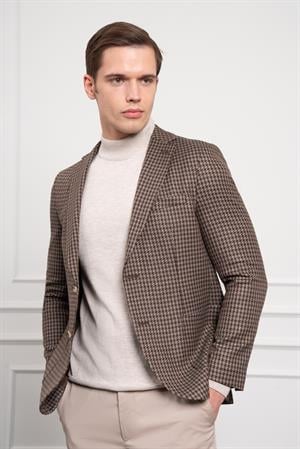 Morven Erkek KAHVE Dokuma Slim Fit Dar Kesim Mono Yaka Ceket