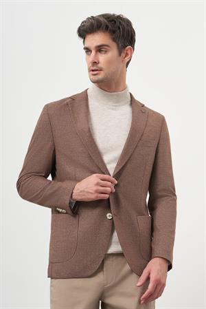 Morven Erkek KAHVE Dokuma Slim Fit Mono Yaka Ceket