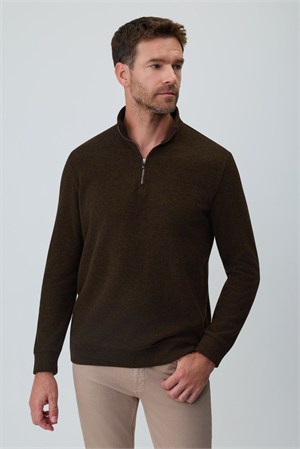 Morven Erkek KAHVE Fermuarlı Bato Yaka Dynamic Fit Sweatshirt