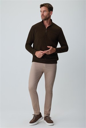 Morven Erkek KAHVE Fermuarlı Bato Yaka Dynamic Fit Sweatshirt