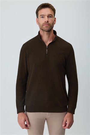 Morven Erkek KAHVE Fermuarlı Bato Yaka Dynamic Fit Sweatshirt