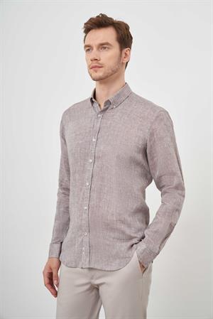 Morven Erkek KAHVE Keten Düğmeli Yaka Regular Fit Gömlek
