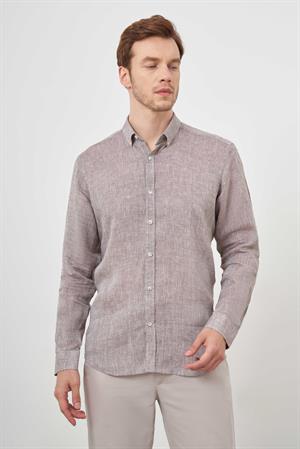 Morven Erkek KAHVE Keten Düğmeli Yaka Regular Fit Gömlek