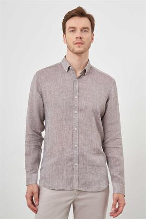 Morven Erkek KAHVE Keten Düğmeli Yaka Regular Fit Gömlek