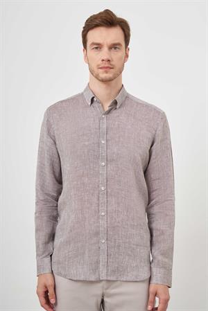 Morven Erkek KAHVE Keten Düğmeli Yaka Regular Fit Gömlek