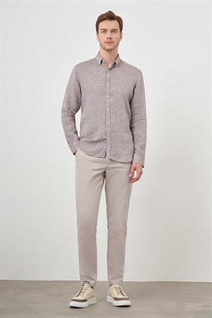 Morven Erkek KAHVE Keten Düğmeli Yaka Regular Fit Gömlek