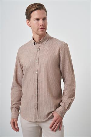 Morven Erkek KAHVE Keten Dynamic Fit Düğmeli Yaka Gömlek