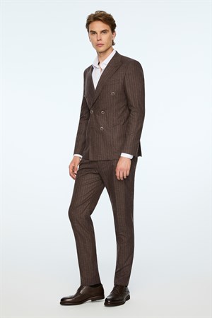 Morven Erkek KAHVE Keten Trend Çizgili Slim Fit Sivri Yaka Kruvaze Takım Elbise