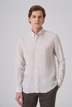 Morven Erkek KAHVE Keten Trend Çizgili Dynamic Fit Düğmeli Yaka Gömlek