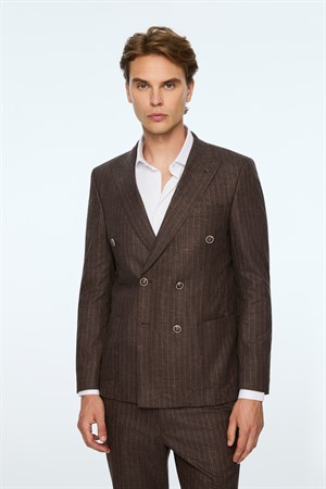 Morven Erkek KAHVE Keten Trend Çizgili Slim Fit Sivri Yaka Kruvaze Takım Elbise