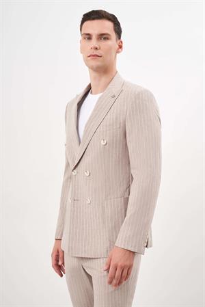 Morven Erkek KAHVE Keten Trend Kruvaze Slim Fit Sivri Yaka Takım Elbise