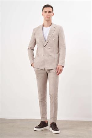 Morven Erkek KAHVE Keten Trend Kruvaze Slim Fit Sivri Yaka Takım Elbise