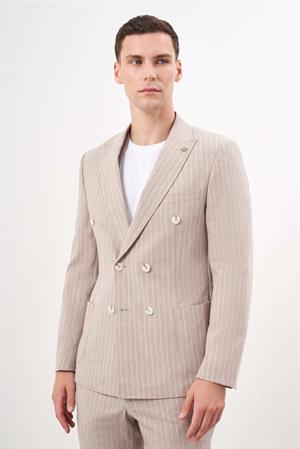 Morven Erkek KAHVE Keten Trend Kruvaze Slim Fit Sivri Yaka Takım Elbise