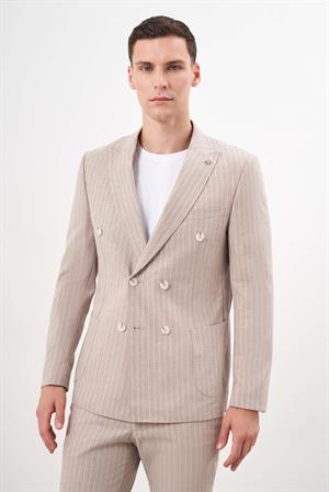 Morven Erkek KAHVE Keten Trend Kruvaze Slim Fit Sivri Yaka Takım Elbise