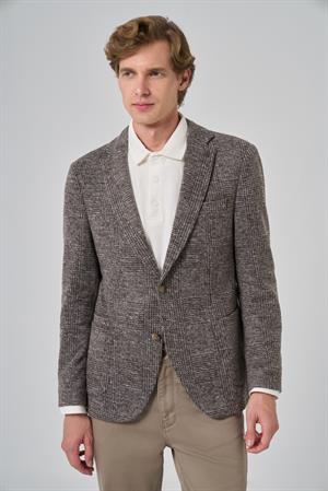 Morven Erkek KAHVE Örme Trend Ekoseli Slim Fit Mono Yaka Ceket