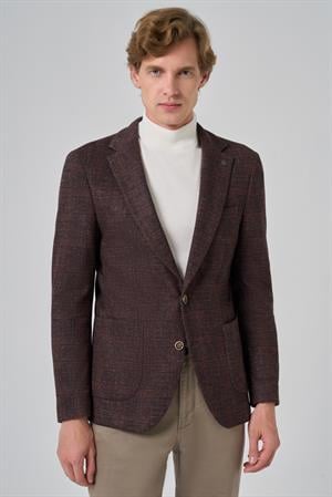 Morven Erkek KAHVE Örme Trend Kareli Slim Fit Mono Yaka Ceket