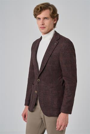 Morven Erkek KAHVE Örme Trend Kareli Slim Fit Mono Yaka Ceket