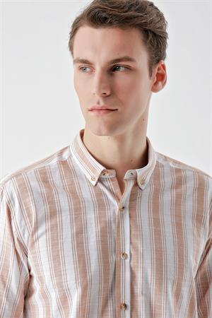 Morven Erkek KAHVE Pamuk Flam Panolu Desen Slim Fit Gömlek