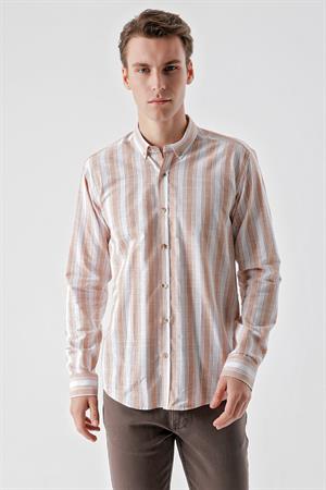 Morven Erkek KAHVE Pamuk Flam Panolu Desen Slim Fit Gömlek