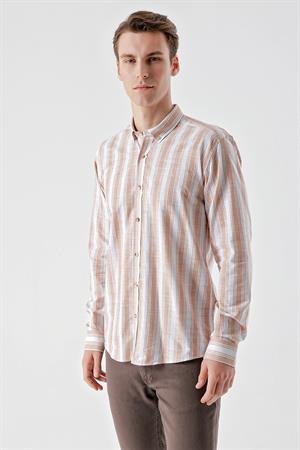 Morven Erkek KAHVE Pamuk Flam Panolu Desen Slim Fit Gömlek