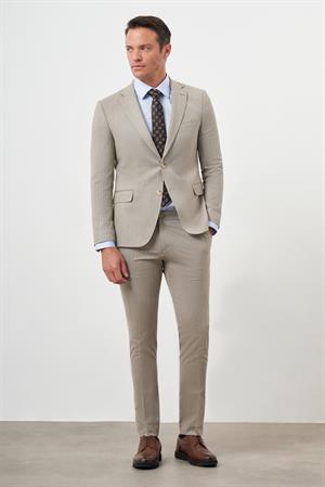 Morven Erkek KAHVE Poliviskon Trend Çizgili Desen Slim Fit Mono Yaka Takım Elbise