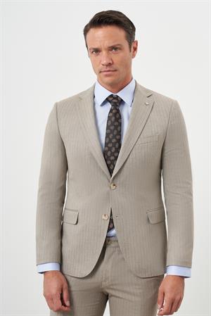 Morven Erkek KAHVE Poliviskon Trend Çizgili Desen Slim Fit Mono Yaka Takım Elbise