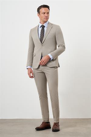 Morven Erkek KAHVE Poliviskon Trend Çizgili Desen Slim Fit Mono Yaka Takım Elbise