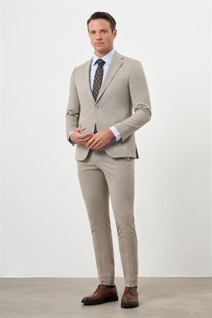 Morven Erkek KAHVE Poliviskon Trend Çizgili Desen Slim Fit Mono Yaka Takım Elbise