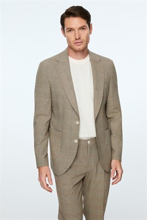 Morven Erkek KAHVE Poliviskon Trend Ekoseli Slim Fit Mono Yaka Ceket