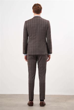 Morven Erkek KAHVE Poliviskon Trend Yelekli Ekoseli Slim Fit  Sivri Yaka Takım Elbise